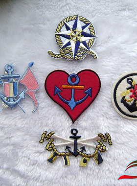 熨烫针缝刺绣海锚旗帜红色心形A404背胶布贴徽章衣服补丁贴装饰贴