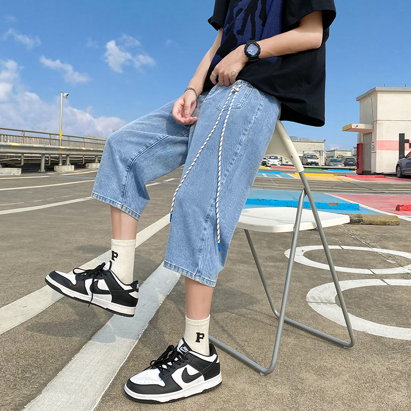 抗皱耐磨七分牛仔裤男春夏直筒浅蓝色八分裤ins潮流vibe大码裤子