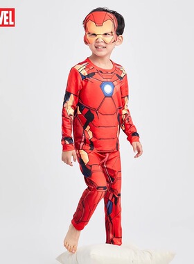 漫威男童秋衣秋裤男孩超级英雄钢铁侠儿童内衣套装宝宝秋冬睡衣厚