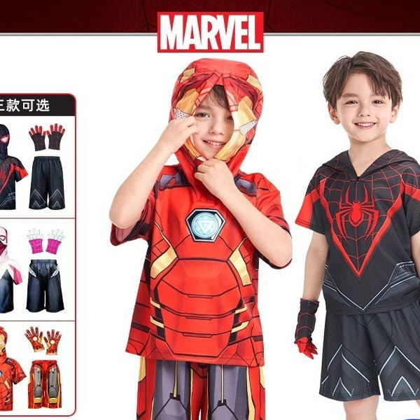 漫威英雄蜘蛛侠衣服夏款短袖短裤套装迈尔斯格温网眼透气连帽男童