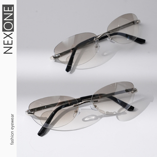 NEXONE无框猫眼墨镜浅水银女小框菱形脸y2k千禧亚文化太阳眼镜