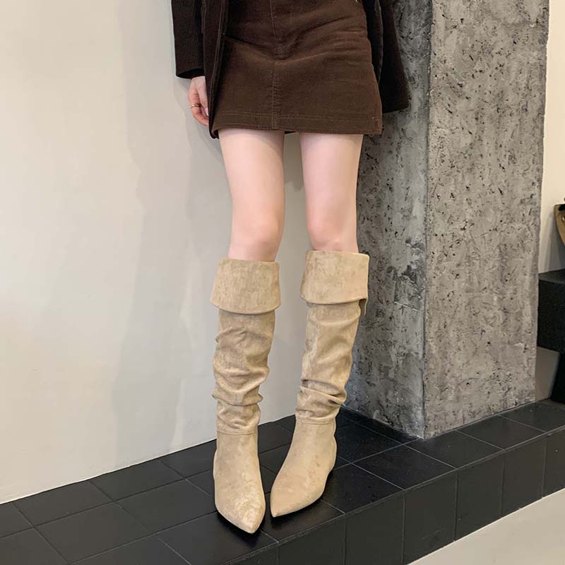 尖头绒面内增高过膝靴子