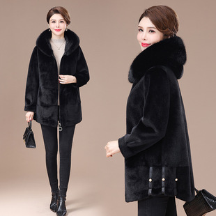 大码鹿皮绒连帽女欧貂绒外套女短款加厚皮毛200斤中长款冬季加厚