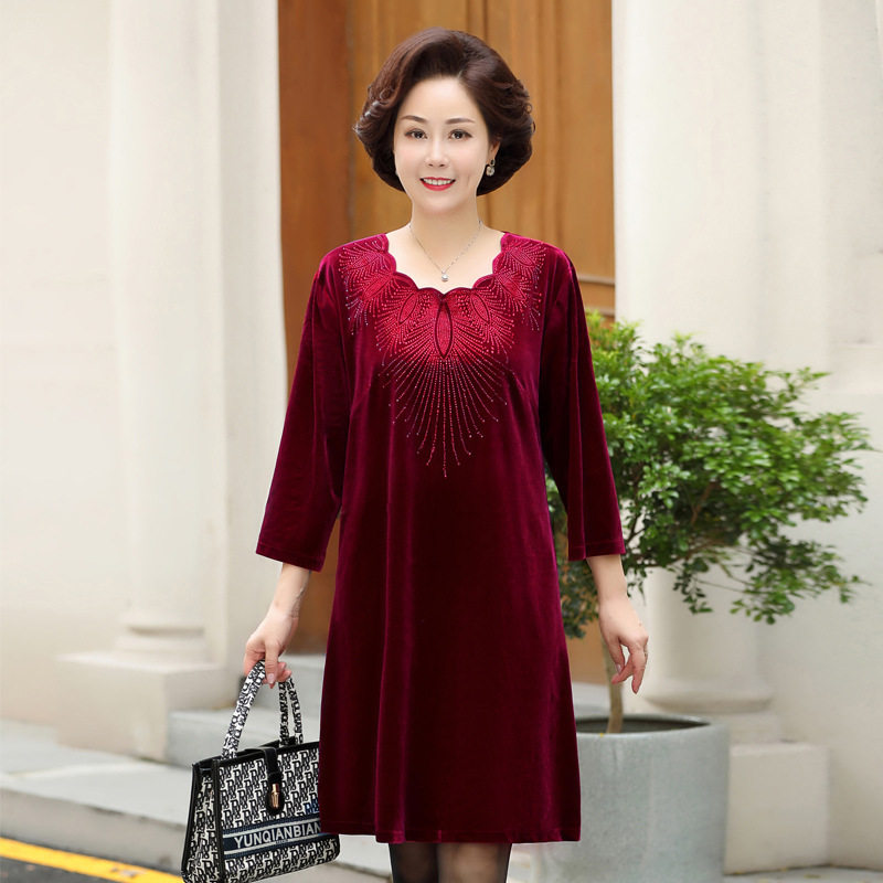 婚礼胖妈妈礼服高贵金丝绒连衣裙