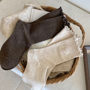 棉 搭配小皮鞋 咖啡色袜子女中筒袜纯棉堆堆袜木耳边中长款 春秋女款