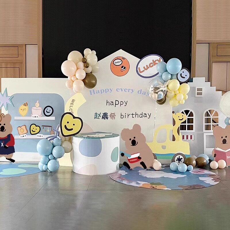 宝宝周岁生日百日宴布置面包勺子君插画kt板背景墙装饰男女宝气球
