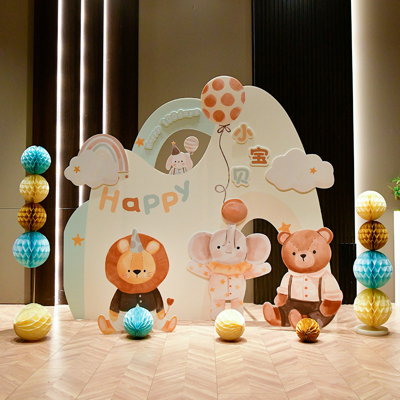 卡通动物一周岁生日布置宝宝快乐场景百天满月背景墙气球kt板装饰