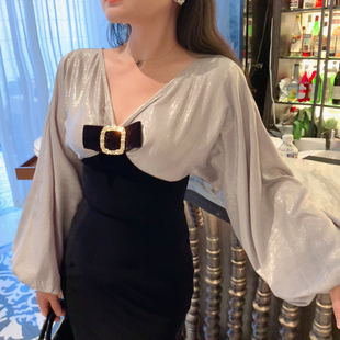魅鹊 53039 秋冬新款泰版小众设计感修身显瘦拼色连体裙