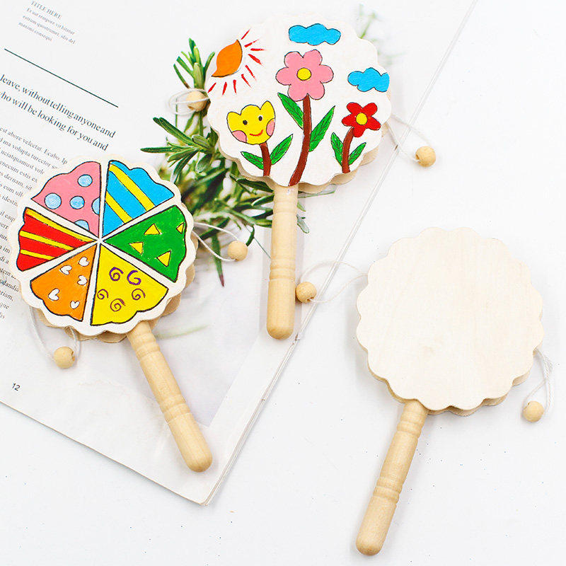 木质拨浪鼓手摇小鼓白坯儿童DIY创意美术涂鸦绘画手工彩绘玩具