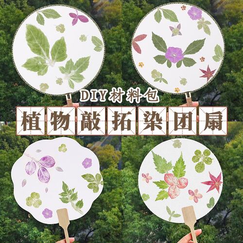植物拓染复古风团扇绢面工具套装材料包diy自然花瓣草木拓印