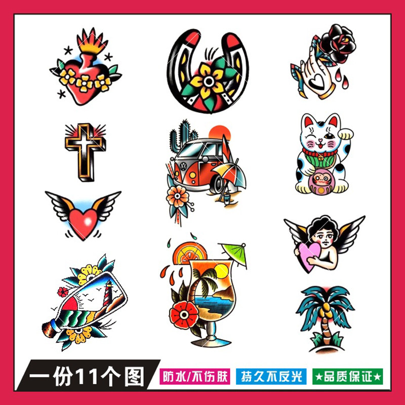 欧美oldschool拼接花臂纹身贴网红卡通潮流时尚仿真刺青防水持久