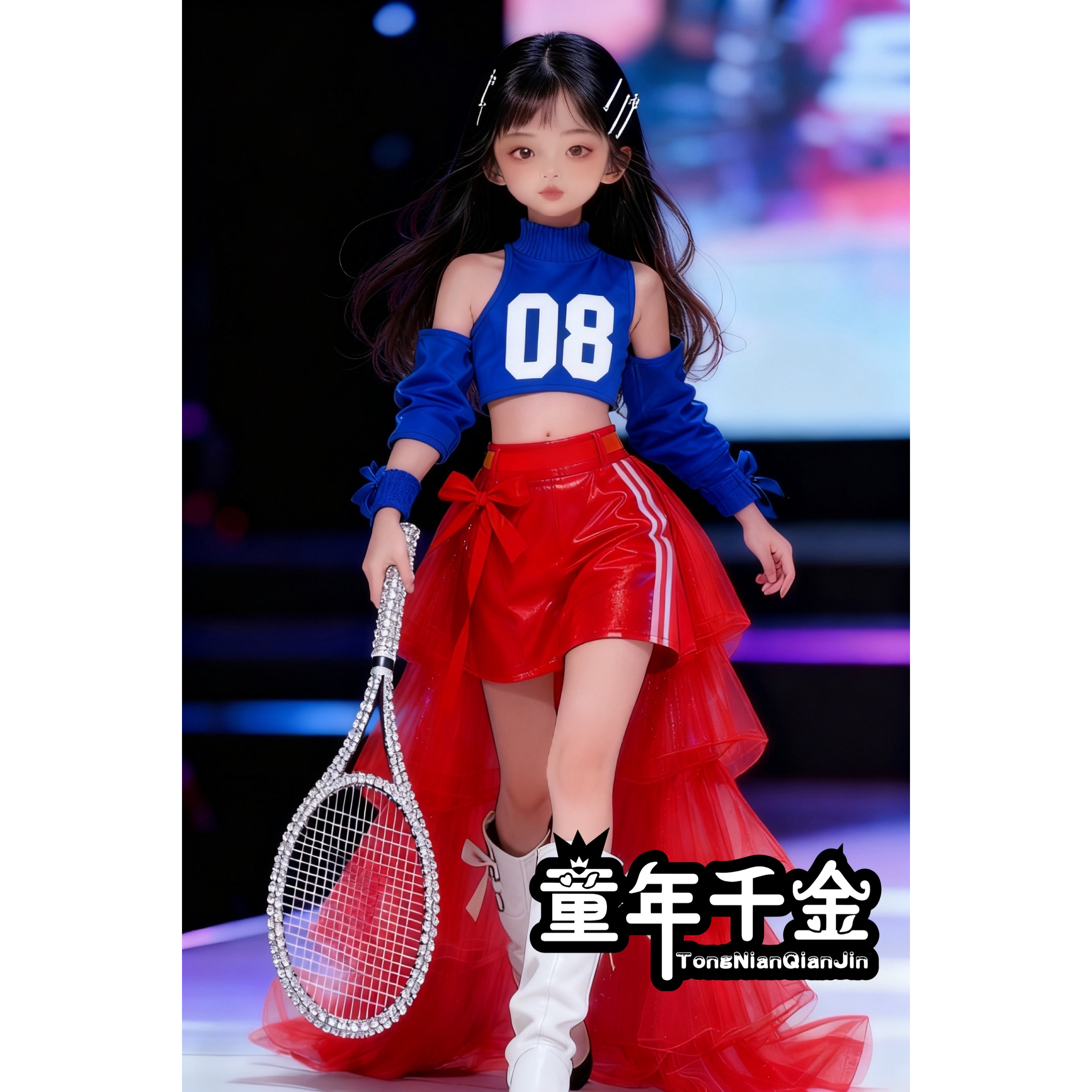儿童走秀潮服女童芭蕾运动风演出服多巴胺蓝色粉色套装童模机车服