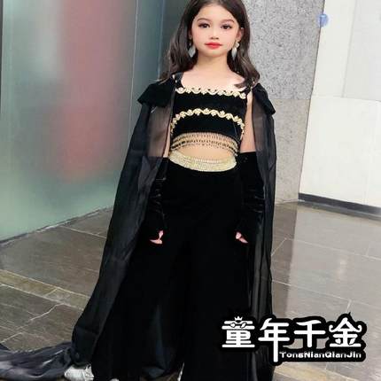 儿童走秀礼服女童修身礼服裙太阳之子pk赛潮服黑色秋冬季模特服装