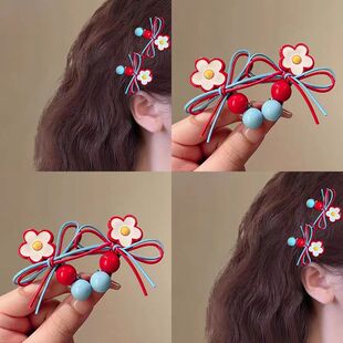 韩系红蓝撞色发夹小花蝴蝶结圆珠侧边夹头饰2025新款碎发刘海夹女