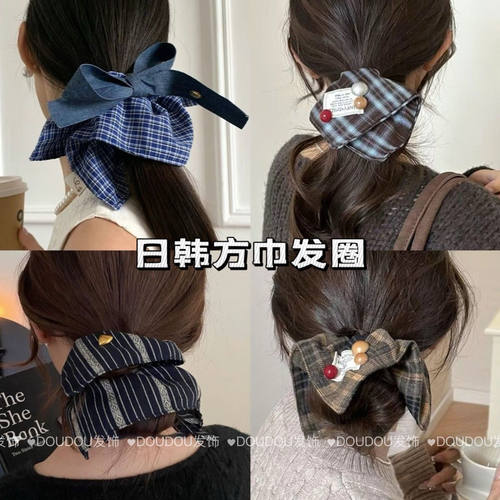 毛呢格子方巾发圈大肠韩