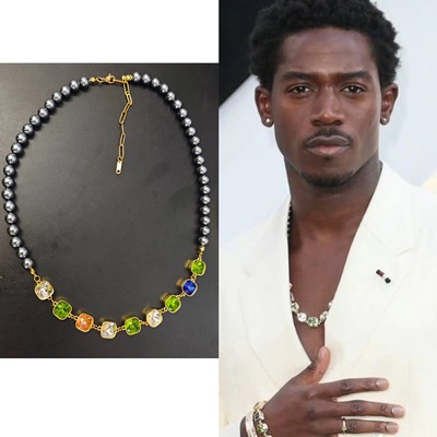 达姆森·伊德瑞斯Damson Idris同款彩色锆石灰珍珠项链F1狂飙飞车