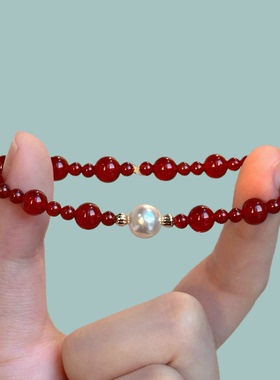 红玛瑙施家高亮珍珠秋冬手链 圣诞新年红色手串