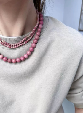 天然红纹石项链颈链复古粉珠串多种戴法短款项链叠戴choker国风女