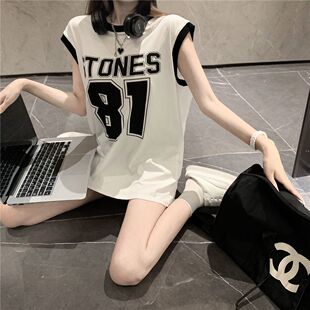 时尚韩版宽松ins显瘦百搭中长款港风无袖背心外穿篮球服t恤上衣女