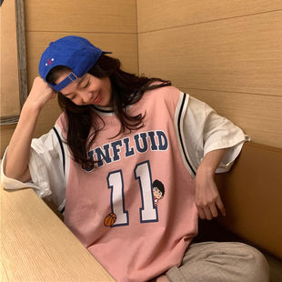 假两件运动篮球衣粉色t恤短袖女外穿宽松韩版学生班服篮球服上衣