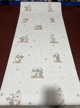 美式复古壁纸白色底小熊卡通图案儿童房大面积满铺上下墙纯纸壁纸