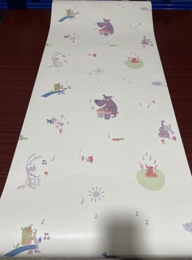 美式复古壁纸田园壁纸白色底卡通动物图案儿童房大面积纯纸墙纸