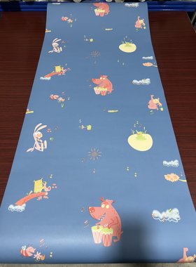 美式复古壁纸蓝色底卡通兔子图案儿童房大面积满铺上下墙纯纸墙纸