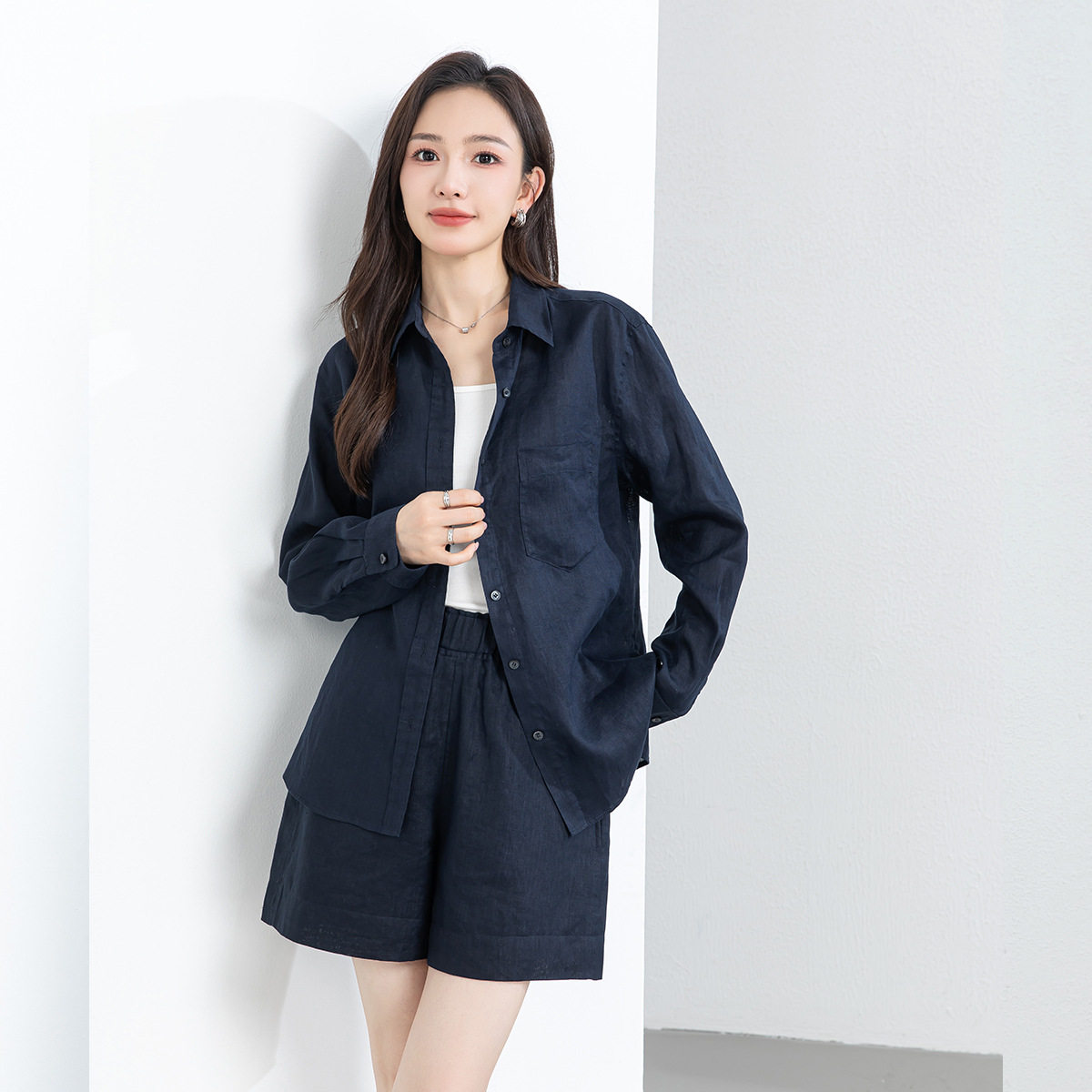 亚麻衬衣短裤套装女2026夏季新款宽松轻薄透气慵懒风两件套衬衫