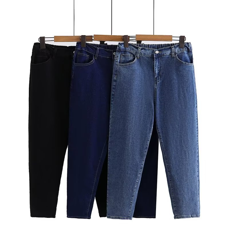 大码弹力老爹裤200斤胖mm秋季新款显瘦裤脚开叉修身牛仔休闲裤子