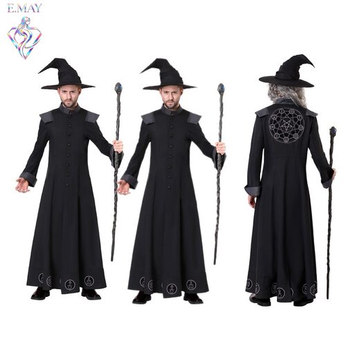 万圣节分码男款经典黑色魔法师巫师预言家服装恶魔派对舞台演出服