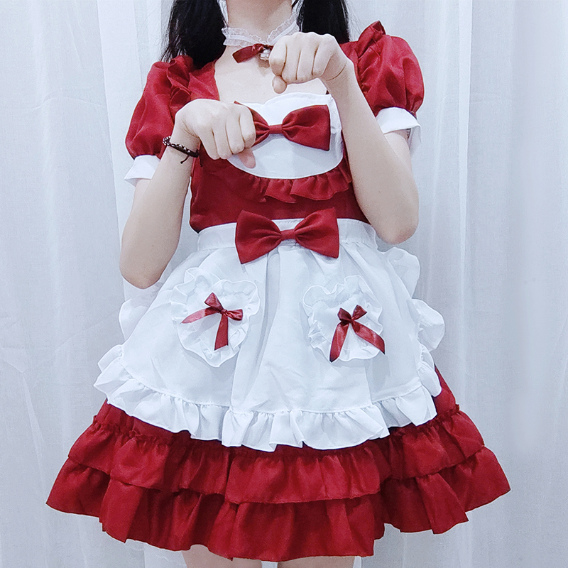 万圣节可爱二次元甜心Lolita连衣裙女仆装酒红桃心蝴蝶结女佣装