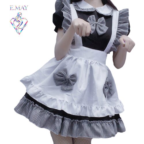 XS-4XL日系黑白格女仆装cosplay制服可爱少女学生Lolita连衣裙