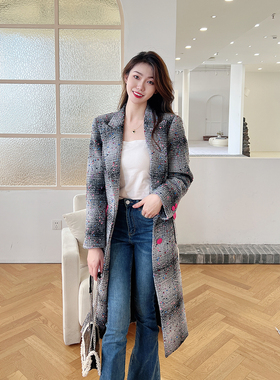 复古封神MVP灰色格纹中长款加棉毛呢大衣女双排扣呢子小香风外套