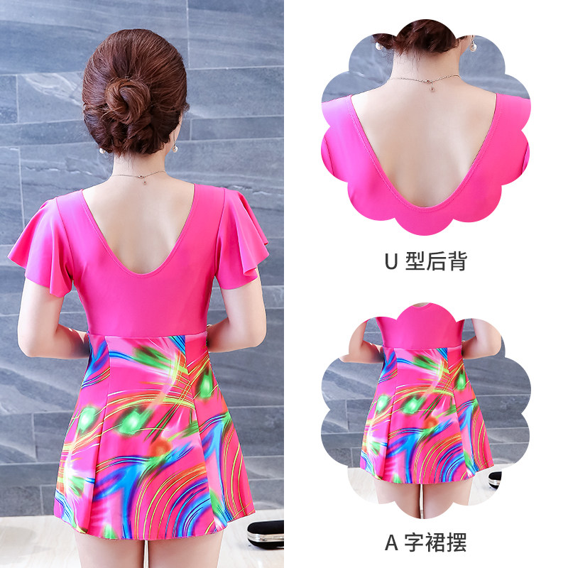 妈妈泳衣中老年女保守连体裙式遮肚显瘦大码宽松泡Y温泉游泳装