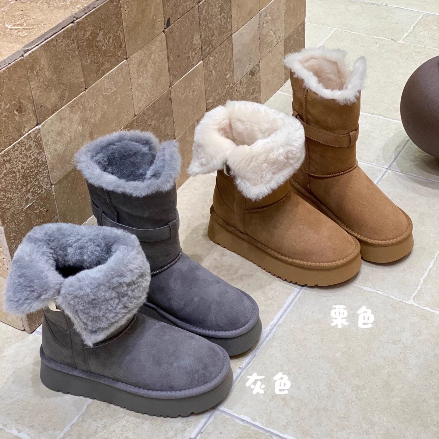 2025冬季新款翻折两穿雪地靴女加绒加厚保暖大棉靴厚底毛毛短靴子
