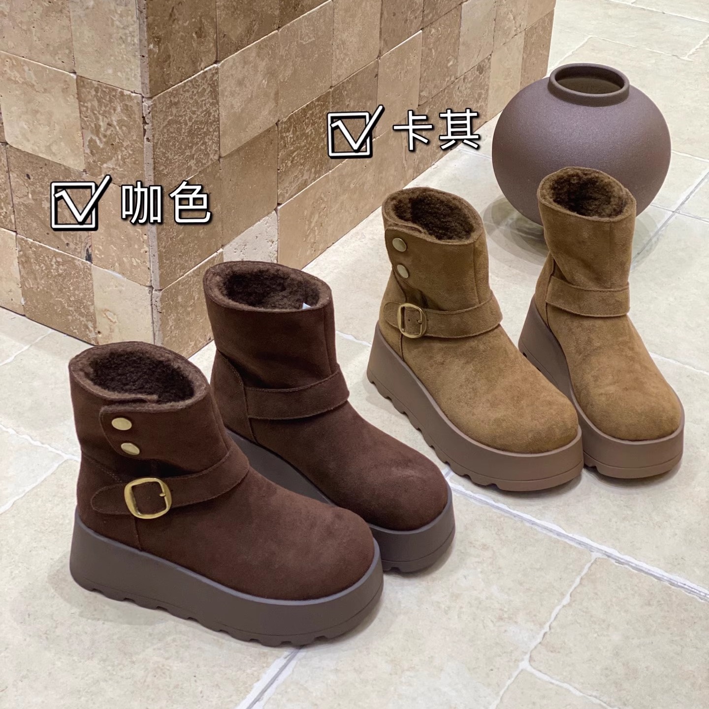 厚底增高勃肯短靴女秋冬2025爆款加绒棉鞋两穿翻领毛毛雪地靴真皮