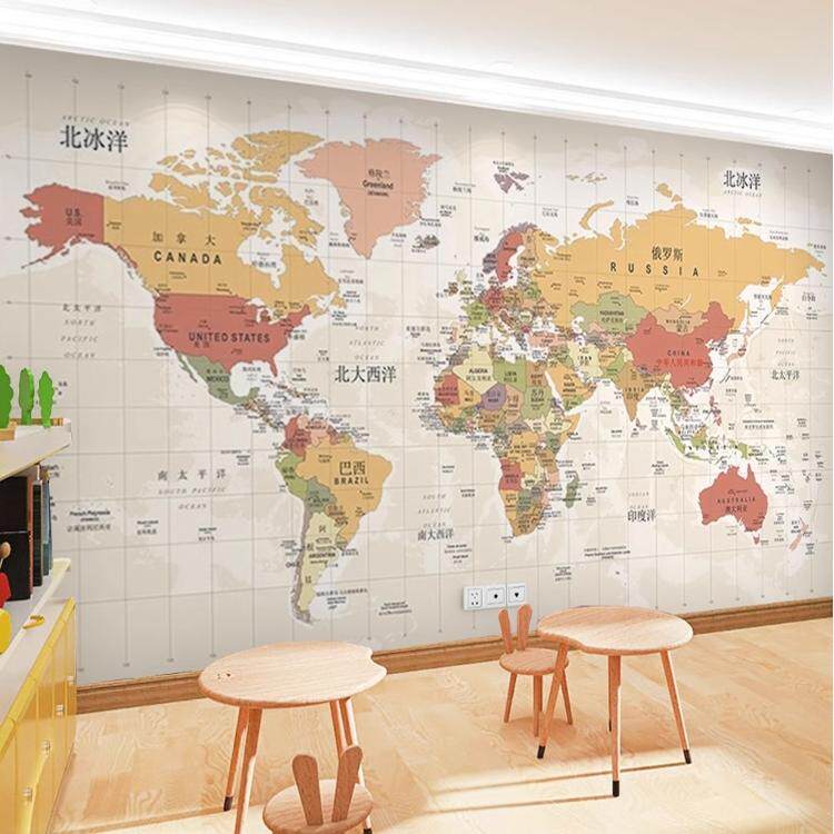 卡通儿童房壁纸中国世界地图壁画男女孩房间背景墙壁布幼儿园墙纸