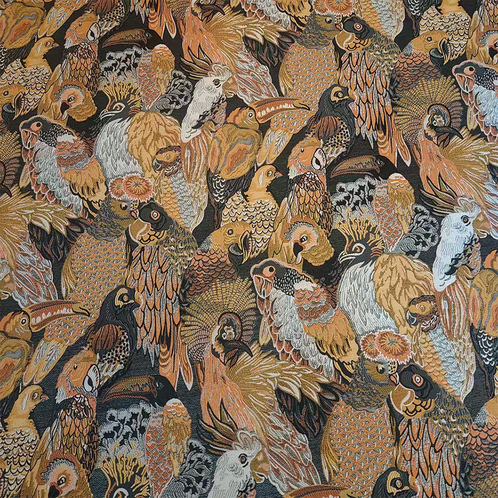 美式复古鹦鹉鸟高精密提花轻奢沙发布料软包靠背客厅抱枕面料靠垫