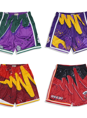 美潮街头 MITCHELL&NESS 湖人热火涂鸦限定网眼复古宽松篮球短裤