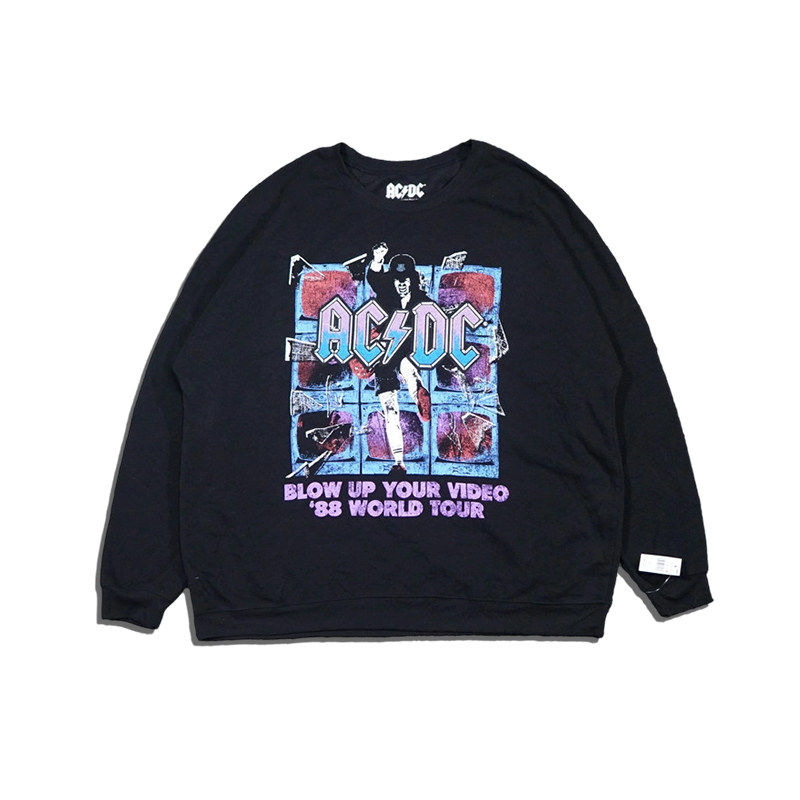 美潮街头AC/DC人物卡通印花抓绒圆领宽松落肩廓形卫衣