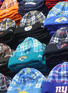 福利回馈！美潮NE橄榄球联名刺绣格子图案街头休闲弹力毛线帽冷帽