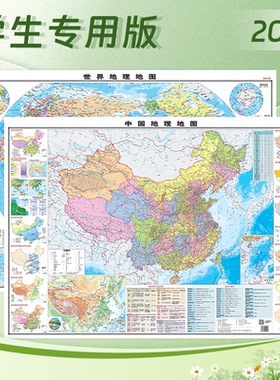新版学生专用中国地理地图世界地理地图 贴图套装 政区地形 知识点多 覆膜防水 小学中学适用 考点提炼 108cmX76cm