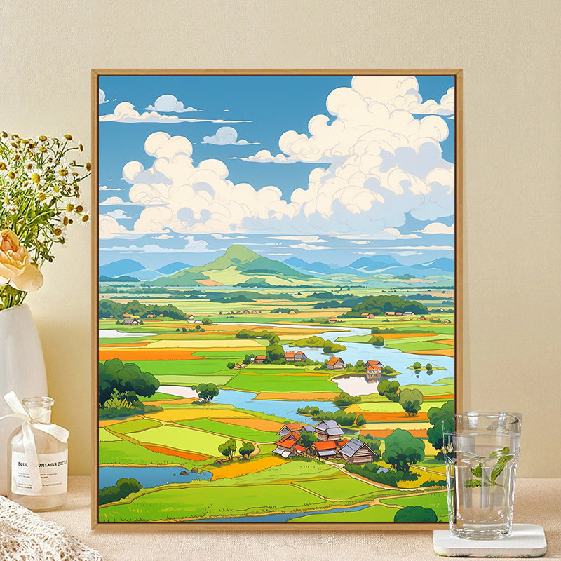田野风光 数字油画diy手绘画画填色丙烯油彩涂色暖色系高级填充画