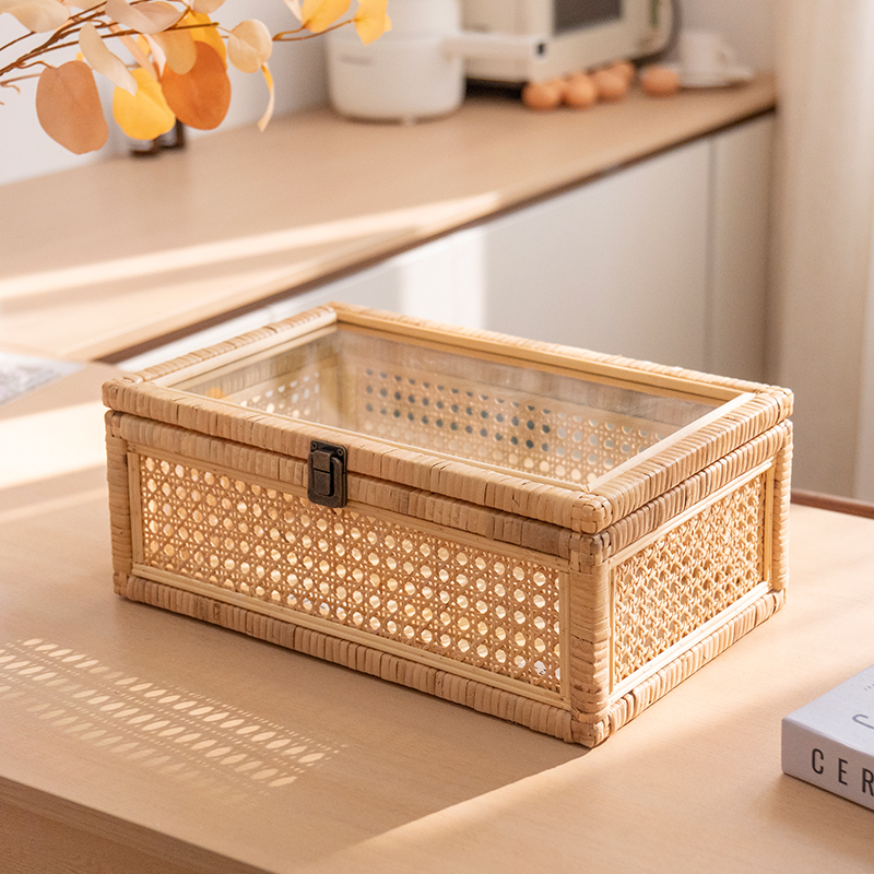 宜然家居藤皮编织带盖镂空收纳筐