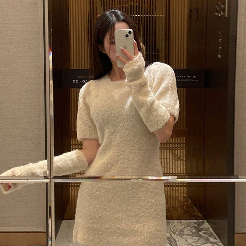 韩国代购连衣裙女冬季新款纯色显瘦短袖+套袖两件套BD4227 FS