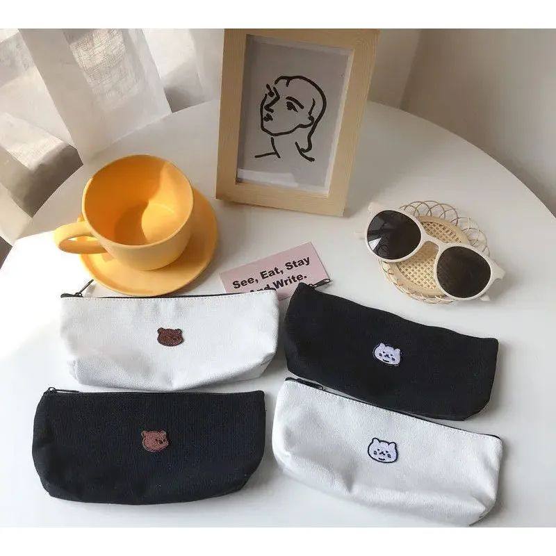 简约刺绣帆布小熊笔袋韩版ins可爱猫咪文具袋学院风女情侣铅笔盒