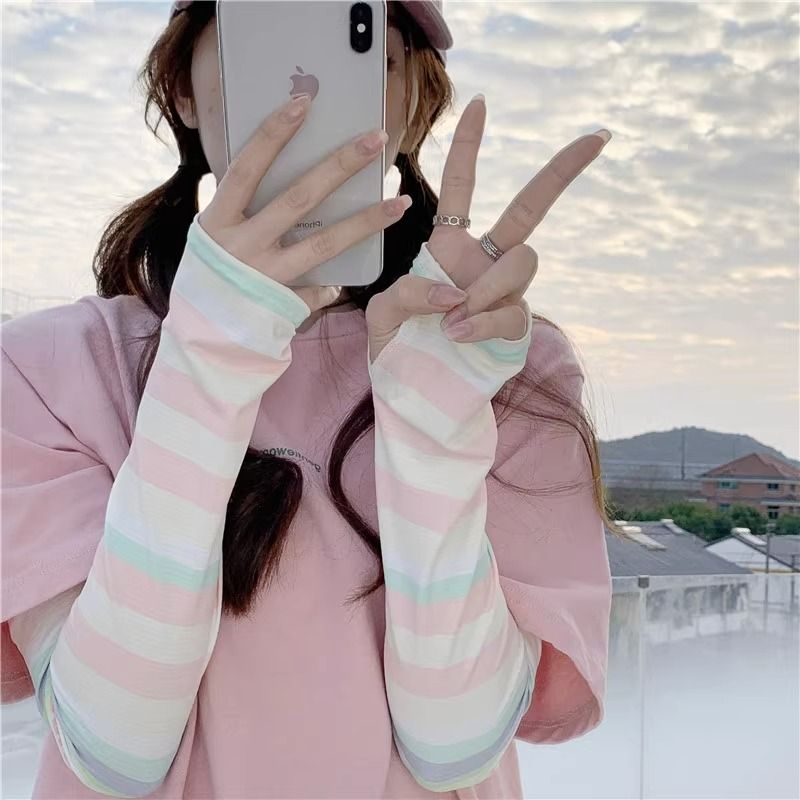 2023新款泫雅风彩虹条纹防晒袖套少女百搭夏防晒透气冰袖舒适