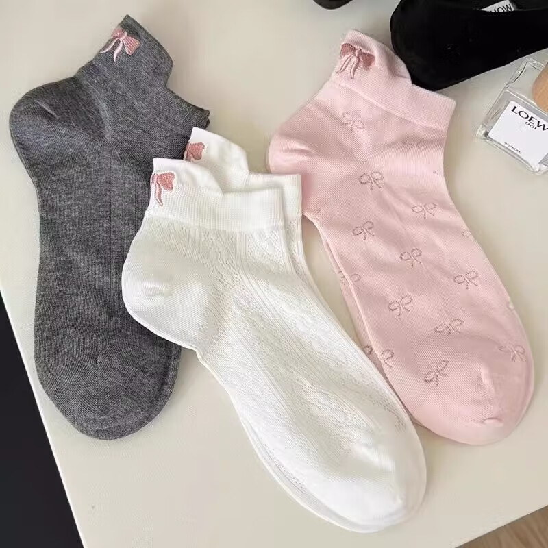 刺绣蝴蝶结袜子女中筒夏季薄款镂空透气浅口短袜白色婴儿手套脚套