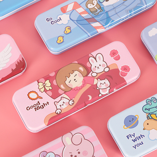 小学生铁皮文具盒双层文具盒可爱卡通男生女生铅笔盒带乘法口诀表