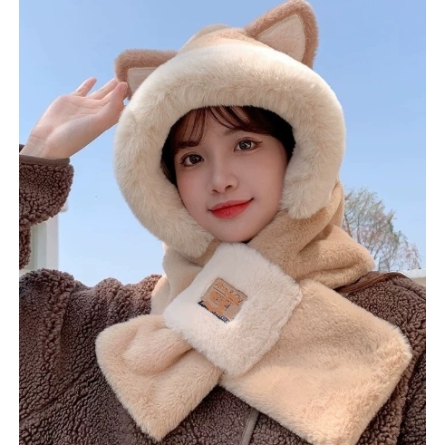 帽子围巾一体女冬季可爱围脖护耳毛绒帽加绒保暖骑车冬天